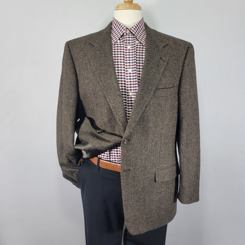 Cricketeer Men's Tweed Sport Coat Blazer Two Button Brown Herringbone Wool 46R - Picture 1 of 14